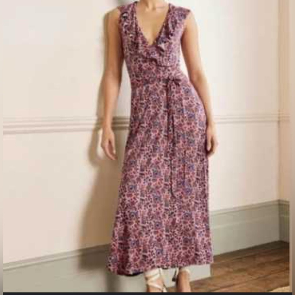 Boden Floral Ruffle V-Neck Maxi Dress in Pink and Blue